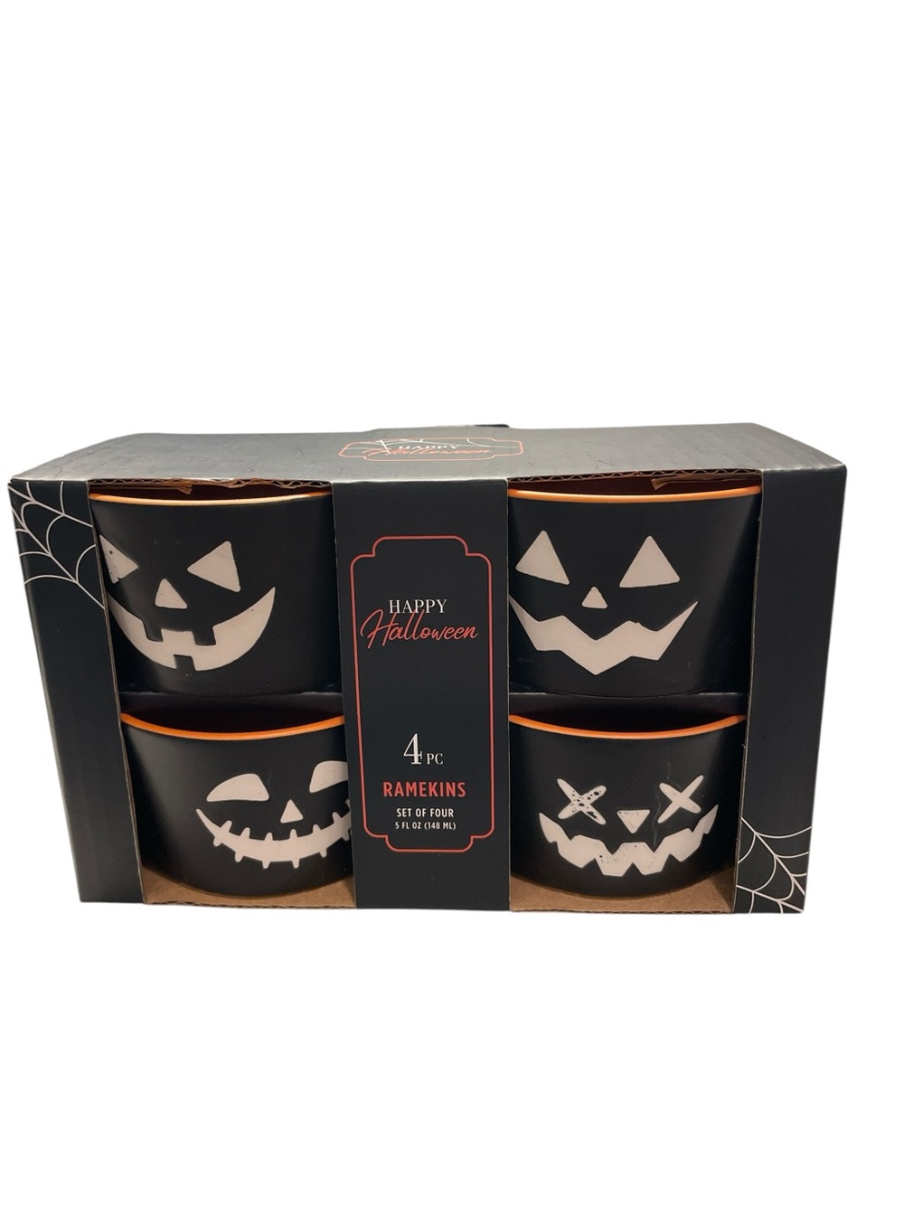 Happy Halloween Black Jack O Lantern Ramekins 5oz Set of 4 NWT